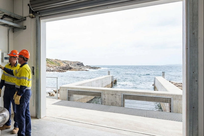 Two workers in a control room with ocean view